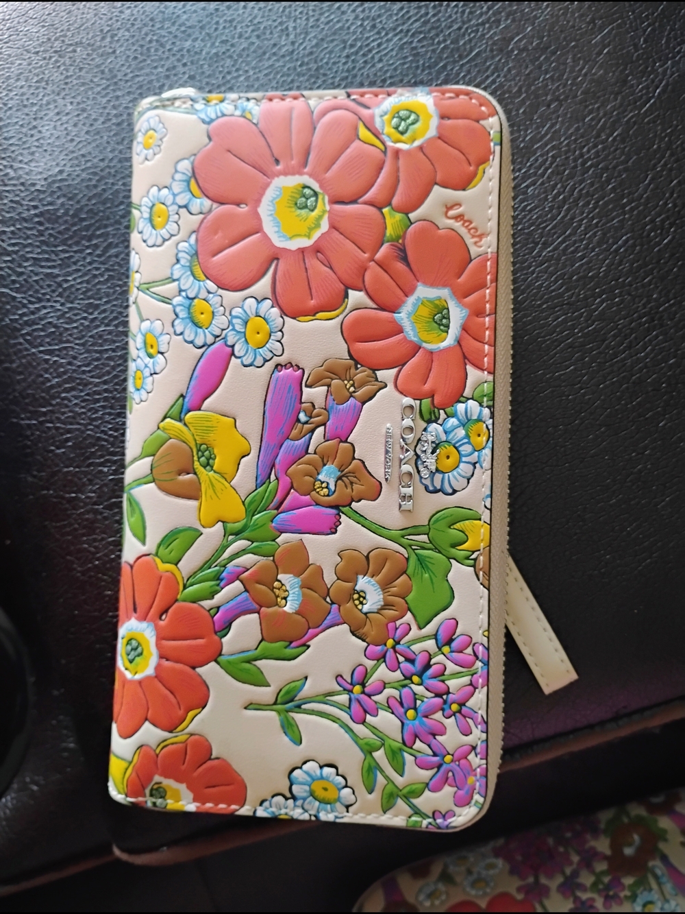 Coach Floral Zip Wallet in Pink with Multi-Colored Flowers